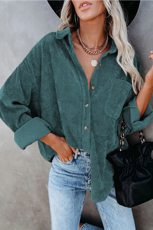 Teal Corduroy Long Sleeve Button Up Top