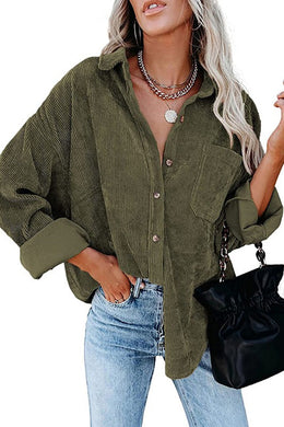 Green Corduroy Long Sleeve Button Up Top