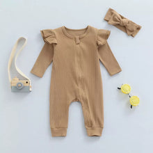 Load image into Gallery viewer, Light Chestnut Knit Ribbed Ruffle Bodysuit Romper W/ Headband