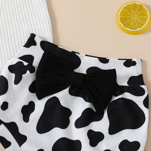 White Bodysuit & Cow Print Shorts W/ Headband