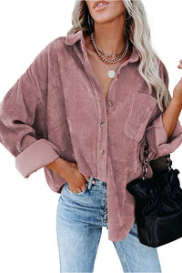 Pink Corduroy Long Sleeve Button Up Top